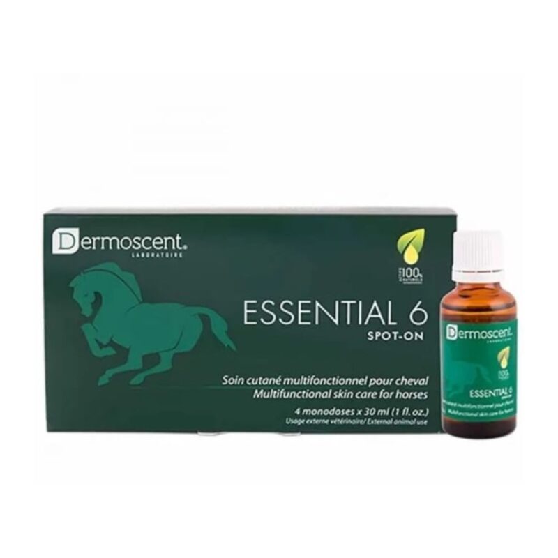Essential 6® Spot-On es un tratamiento para caballos que hidrata la piel y mejora el brillo del manto. Previene la caída del pelo y protege contra irritaciones. Aprobado para caballos de carreras.