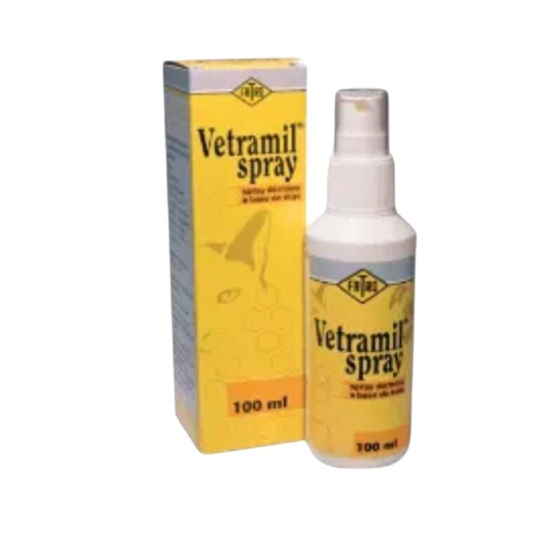 Vetramil Spray 100ml es ideal para tratar cortes y rasguños en perros, gatos y caballos. Con propiedades antibacterianas y antiinflamatorias, facilita la curación y previene infecciones.
