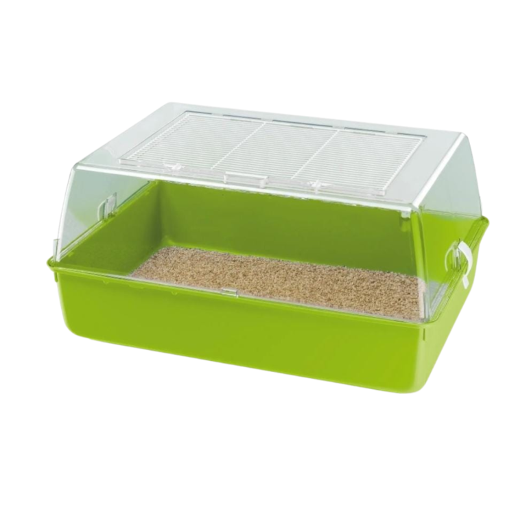 La Mini Duna Multy es una jaula plástica ideal para hámsteres. Con techo transparente, rejilla superior y clips de seguridad, combina visibilidad y ventilación perfecta.