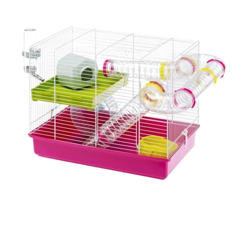 La jaula para hámster Ferplast Laura incluye tubos de juego, rueda, escondite, comedero y bebedero. Diseño compacto, fácil de limpiar y perfecto para cuidadores principiantes.