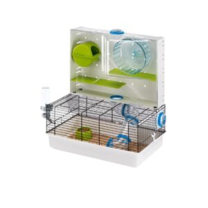 La jaula para hámster Ferplast Olimpia ofrece un entorno multi-nivel con túneles y accesorios incluidos. Modular, personalizable y diseñada en Italia para una vida activa y feliz.