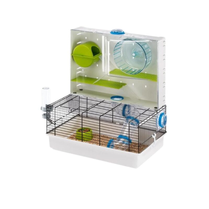 La jaula para hámster Ferplast Olimpia ofrece un entorno multi-nivel con túneles y accesorios incluidos. Modular, personalizable y diseñada en Italia para una vida activa y feliz.