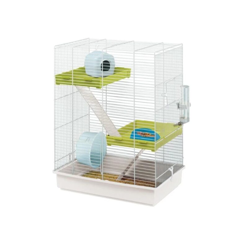 La HAMSTER TRIS es una jaula vertical de tres niveles para hámsters, con estantes, escaleras y accesorios incluidos. Compacta, divertida y fácil de limpiar, ideal para roedores activos.