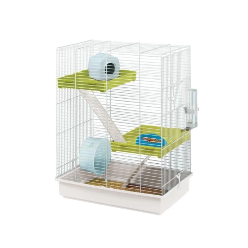 La HAMSTER TRIS es una jaula vertical de tres niveles para hámsters, con estantes, escaleras y accesorios incluidos. Compacta, divertida y fácil de limpiar, ideal para roedores activos.