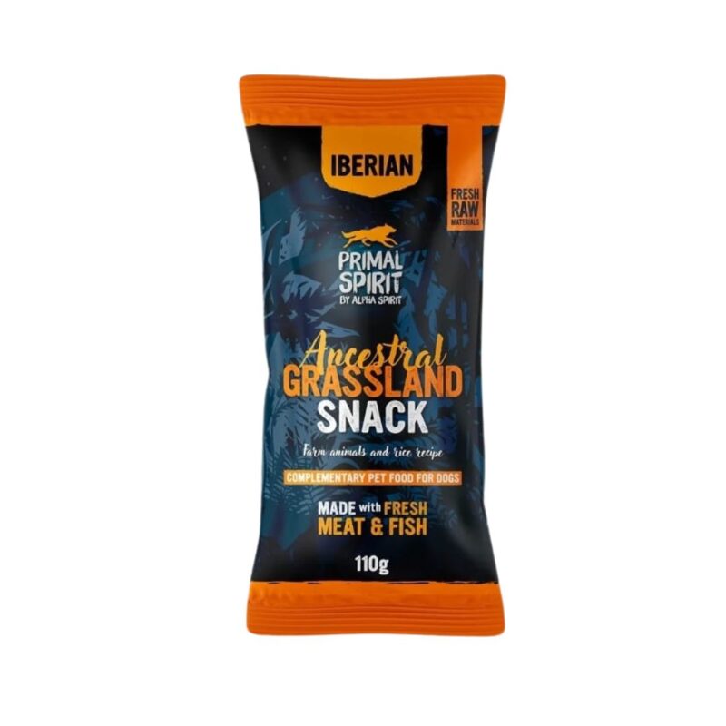 Snack complementario para perros con 60% de cerdo fresco, arroz y cúrcuma. Primal Ancestral Grassland es ideal como premio saludable y nutritivo.