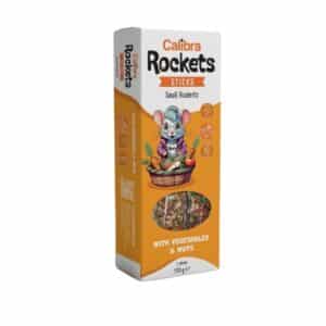 Snack natural con vegetales y frutos secos para roedores pequeños. Calibra Rockets Sticks 120 g aporta fibra, proteínas y sabor. Ideal como complemento de su dieta.