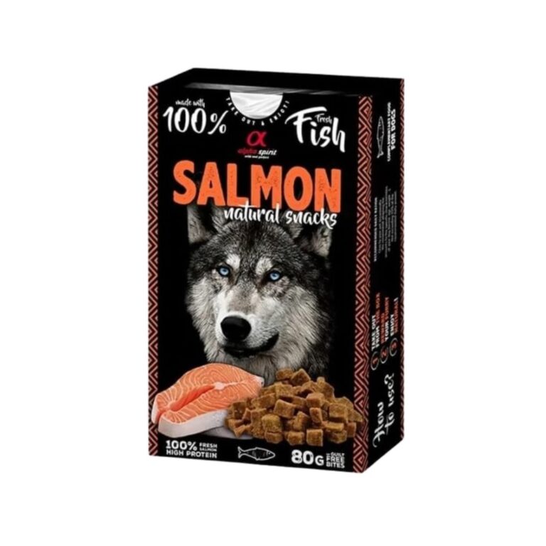 NATURAL SNACK - SALMÓN 6x80g es un alimento complementario natural para perros con salmón, pollo y pavo. Alto en proteínas y grasas saludables. Sin aditivos artificiales.
