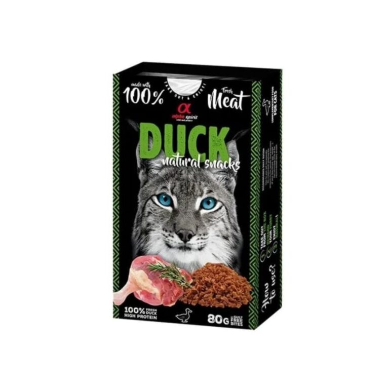 ALPHA SPIRIT Feline Snack de Pato 6x80g es un snack natural para gatos. Rico en proteínas, sin cereales ni aditivos. Ideal como premio nutritivo y sabroso.