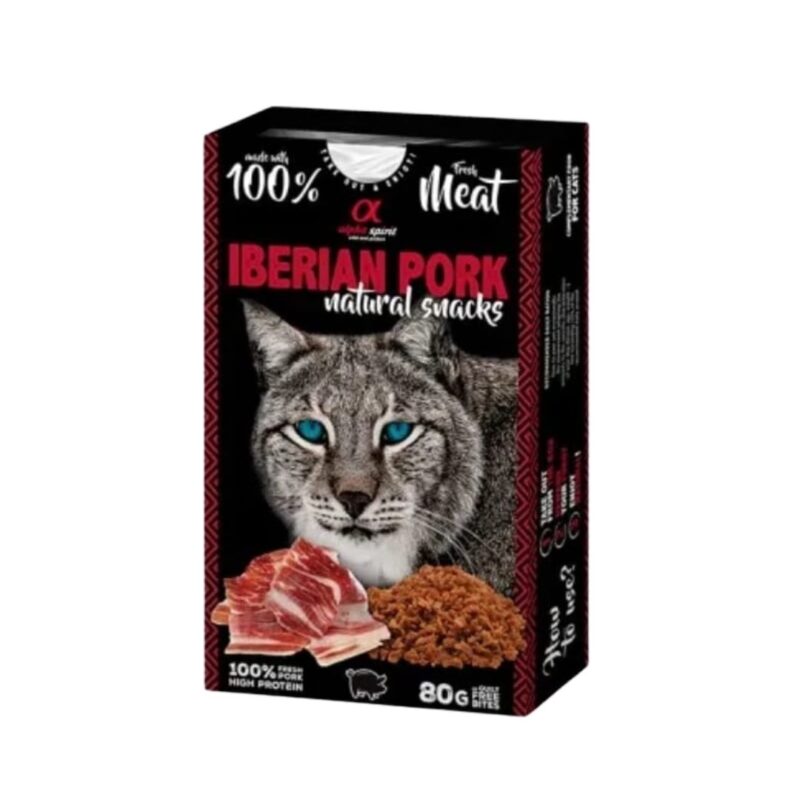 Descubre Alpha Spirit Snack Natural de Jamón para gatos. Caja de 6x80g con proteína de calidad, sin cereales y con ingredientes funcionales para su bienestar.
