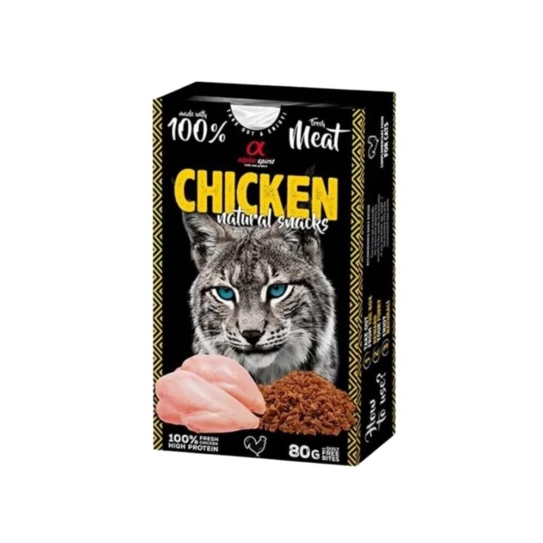 NATURAL SNACK CATS - POLLO 6x80g es un snack natural con 60% de pollo, sin cereales, rico en proteínas, colágeno y nutrientes esenciales para gatos sanos y felices.