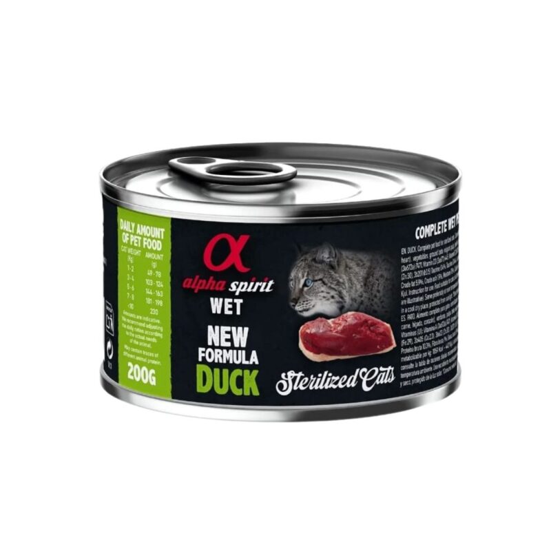 Descubre el Alimento Húmedo de Pato para Gatos Esterilizados 6x200gr: comida húmeda completa, con ingredientes de calidad aptos para consumo humano, taurina y nutrientes esenciales para una dieta saludable.