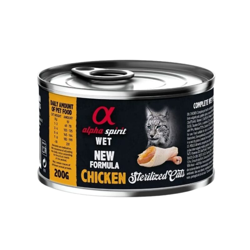 Alpha Spirit Feline Esterilizado Pollo 6x200gr es una comida húmeda natural para gatos esterilizados. Sin cereales, con proteína de alta calidad y fórmula balanceada para el bienestar felino.