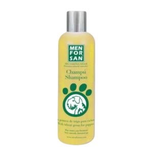 Champú Menforsan para cachorros con germen de trigo. Estimula el crecimiento del pelaje, hidrata, no irrita los ojos y es apto para uso frecuente. Sin fragancia.