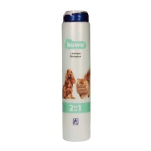 Champú Kawu 2 en 1 con lanolina y óxido de estearamina para perros y gatos. Antiséptico y acondicionador en un solo producto. Suaviza, desenreda y facilita el cepillado.