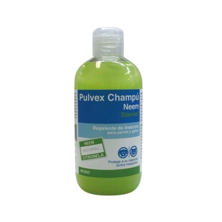 Pulvex Champú 250 ml es un champú natural para perros con extracto de neem y lavanda, que protege y repele pulgas y garrapatas mientras limpia y cuida la piel sensible de tu mascota.