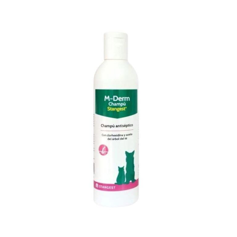 M-DERM Champú 250 ml es un champú dermatológico para perros y gatos, coadyuvante en tratamientos de piodermas y Malassezia, ayudando a controlar infecciones bacterianas y fúngicas.