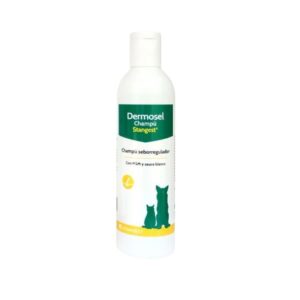 DERMOSEL Champú 250 ml es un champú dermatológico para perros y gatos, coadyuvante en el tratamiento de seborreas que regula la piel grasa y mejora el pelaje.