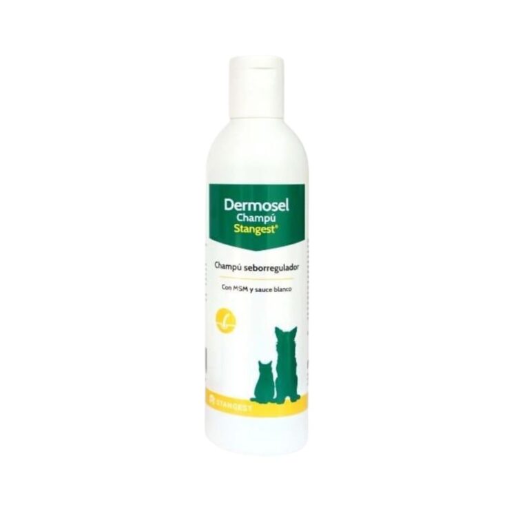DERMOSEL Champú 250 ml es un champú dermatológico para perros y gatos, coadyuvante en el tratamiento de seborreas que regula la piel grasa y mejora el pelaje.
