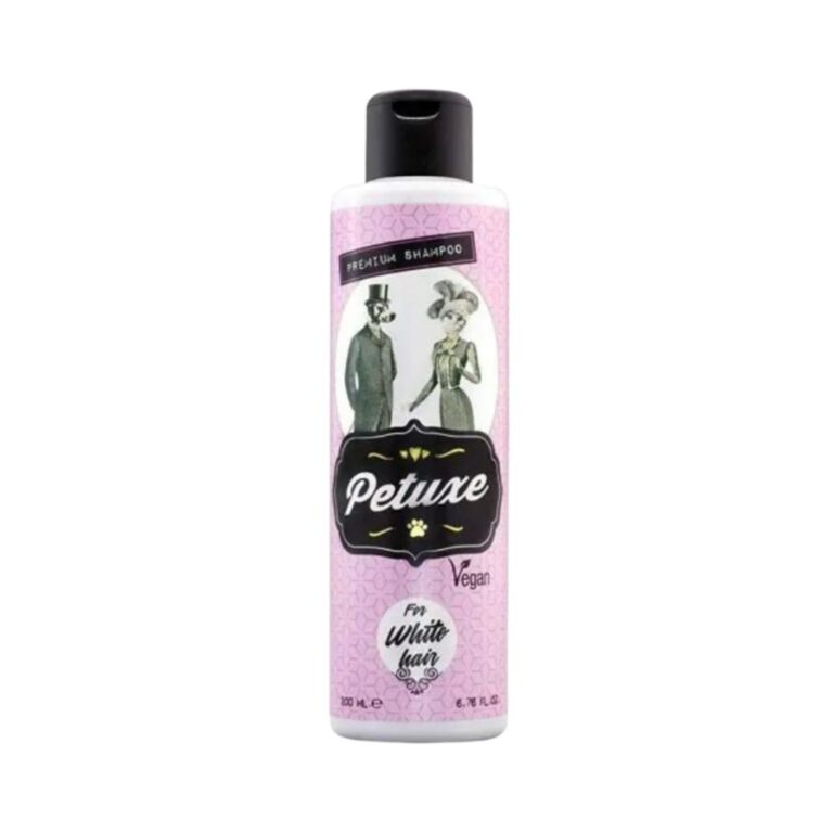 Mantén el pelaje blanco y brillante de perros y gatos con PETUXE Champú Pelo Blanco 60 ml, fórmula suave que elimina tonos amarillentos y protege la piel.