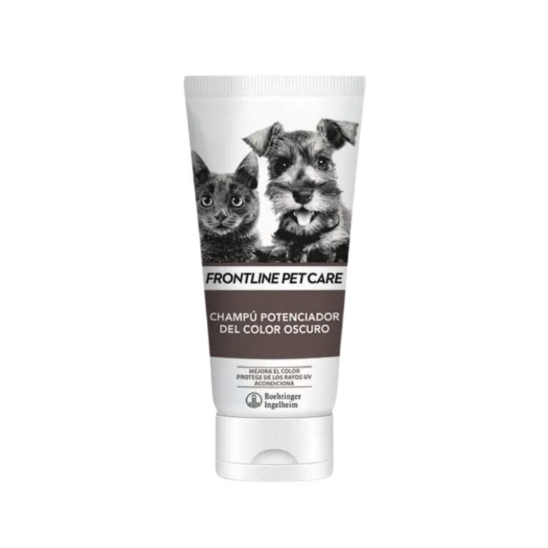 Compra el Frontline Champú Potenciador Color Oscuro 200 ml. Especial para perros y gatos con pelaje oscuro. Potencia el brillo, limpia con suavidad y tiene aroma a lavanda.