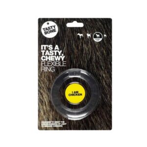 Descubre el Tasty Bone Flexi Ring, el juguete masticable perfecto para cachorros y perros mayores. Suave, flexible y con sabor a pollo para una experiencia segura y deliciosa.