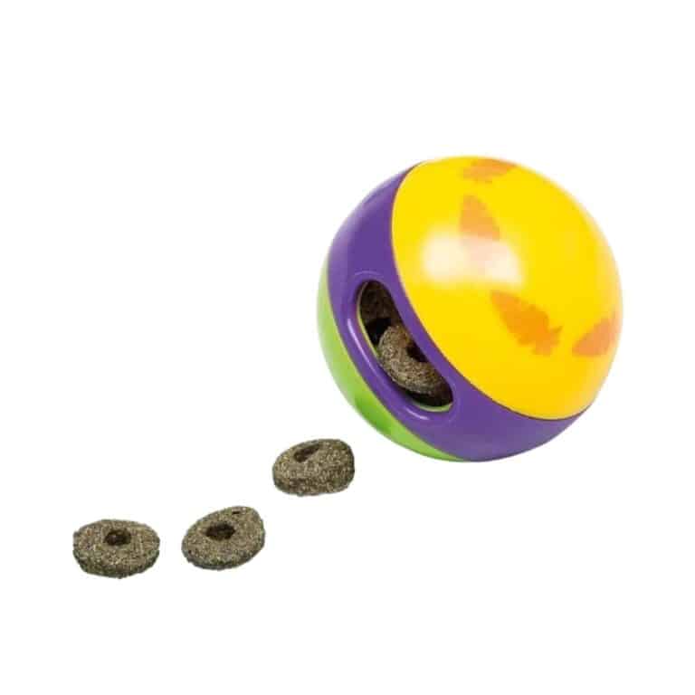 Juguete bola dispensador de comida Ferplast, ideal para todas las razas. Fomenta el juego, controla la alimentación y mantiene a tu mascota activa y entretenida en interiores.