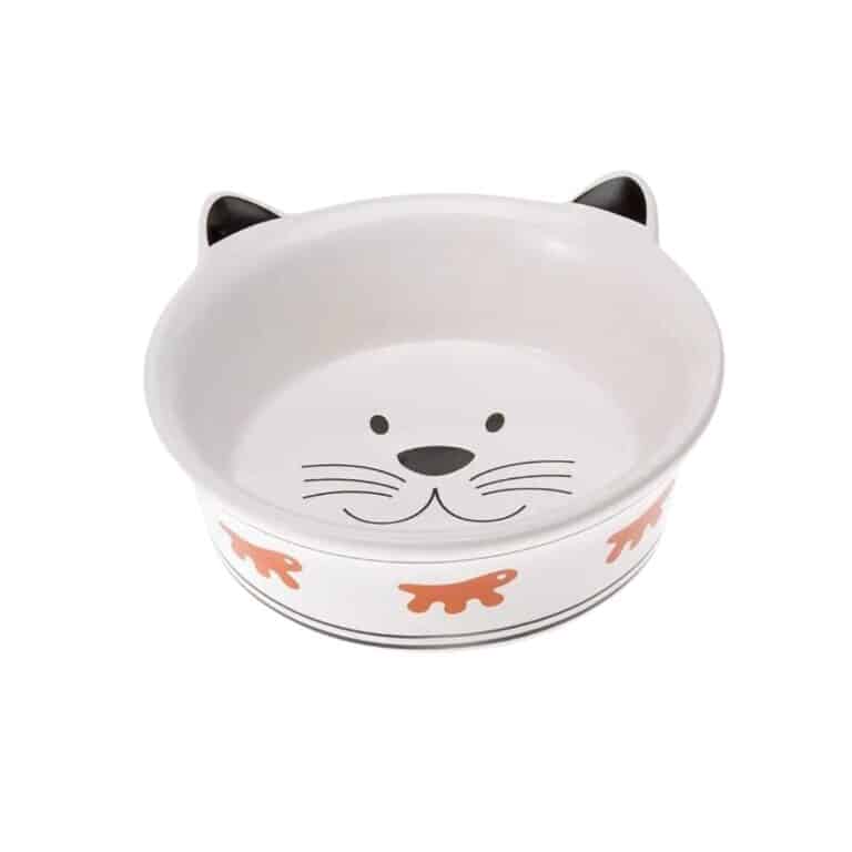 Comedero Ferplast Venere de 500 ml, hecho en cerámica esmaltada con diseño de cara de gato. Antideslizante, resistente e ideal para agua o comida. Elegancia y funcionalidad en un solo plato.