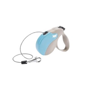 Correa retráctil Ferplast Amigo S Tape en beige y azul. Diseño intercambiable, botón multifunción y cinta extensible para perros pequeños. Pasea con seguridad y estilo.