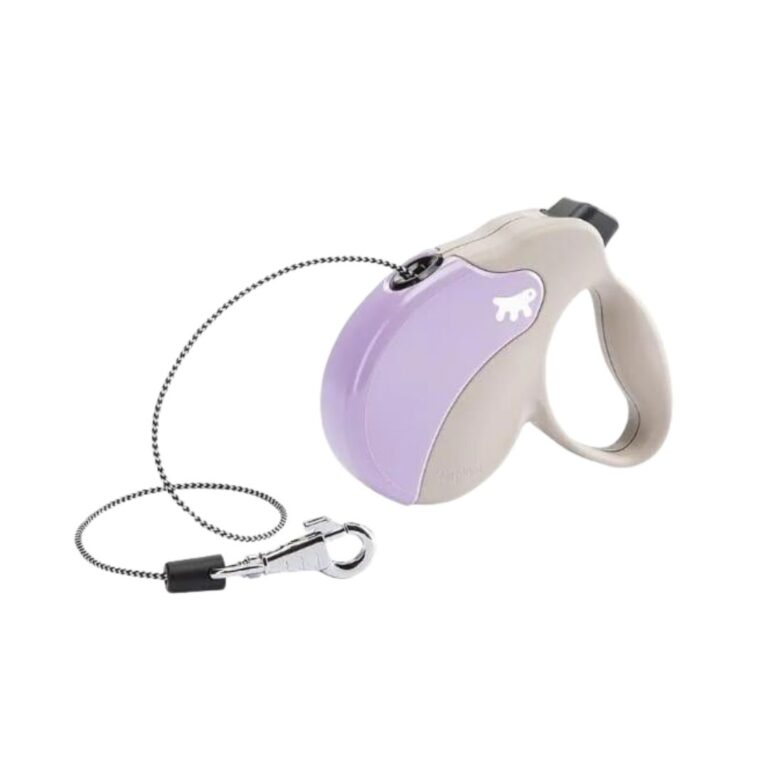 Correa retráctil Ferplast Amigo Mini Tape en beige y morado. Compacta, segura y con diseño intercambiable. Ideal para perros pequeños con estilo.