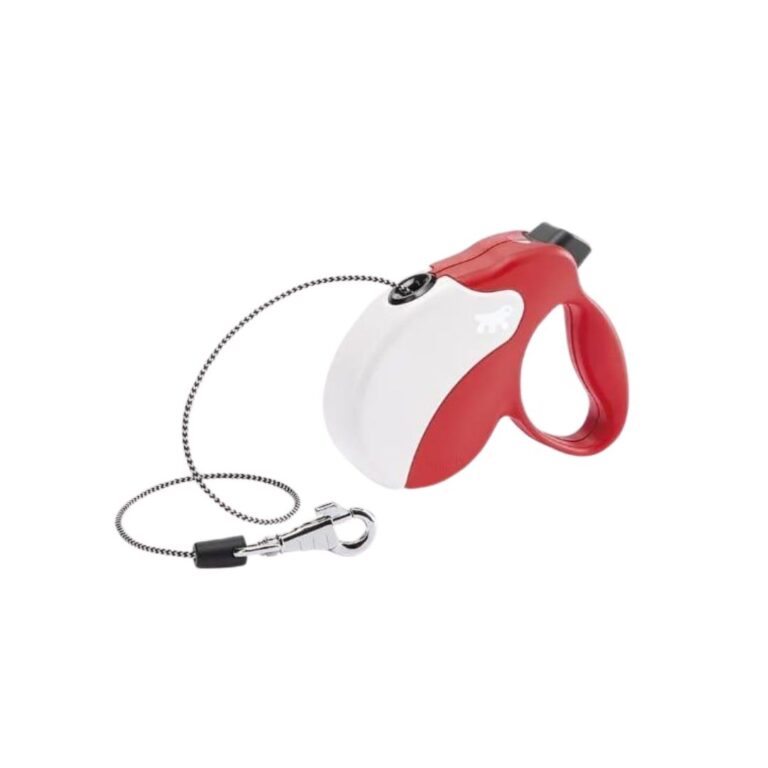 Correa retráctil Ferplast Amigo Mini Tape rojo y blanco, ideal para perros pequeños. Diseño intercambiable, cinta de 3 m y botón multifunción. Compacta y moderna.