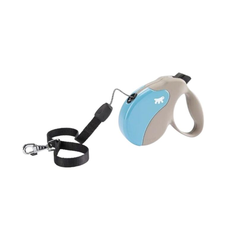 Correa retráctil Ferplast Amigo Cord S azul para perros pequeños hasta 15 kg. Botón de tres funciones, mecanismo silencioso y empuñadura ergonómica para paseos cómodos y seguros.