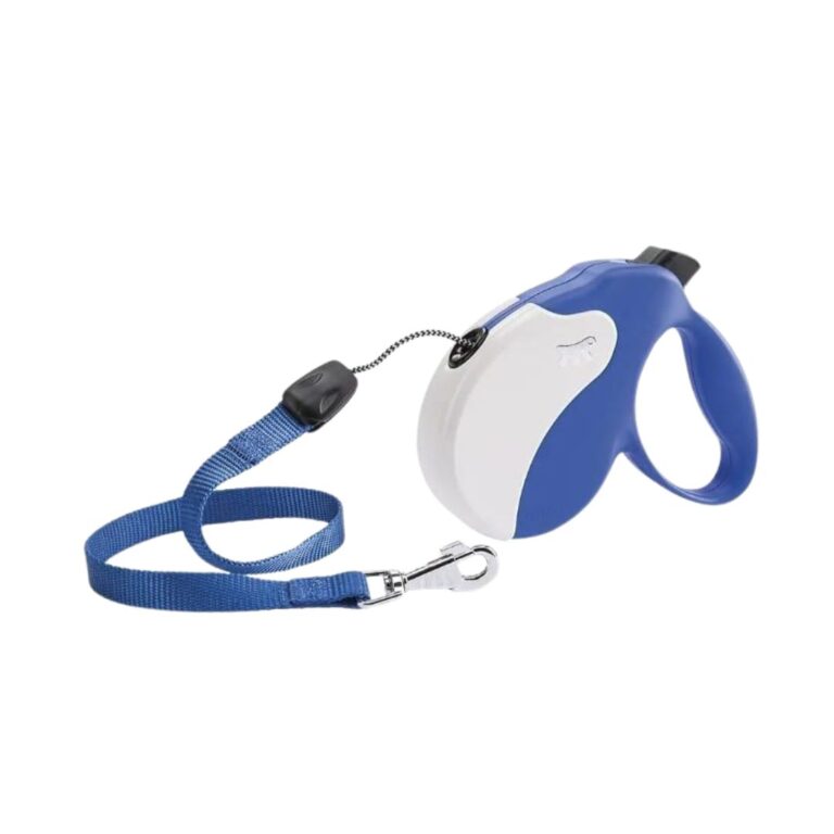 Correa retráctil Ferplast Amigo S Cordón azul y blanco para perros pequeños hasta 15 kg. Botón multifunción, cordón resistente y diseño ergonómico para paseos cómodos y seguros.