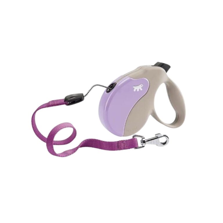 Correa retráctil Ferplast Amigo S en tonos beige y lila, ideal para perros pequeños. Extensión de 5 m, botón multifunción y diseño ergonómico para paseos cómodos y seguros.
