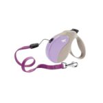 Correa retráctil Ferplast Amigo S en tonos beige y lila, ideal para perros pequeños. Extensión de 5 m, botón multifunción y diseño ergonómico para paseos cómodos y seguros.