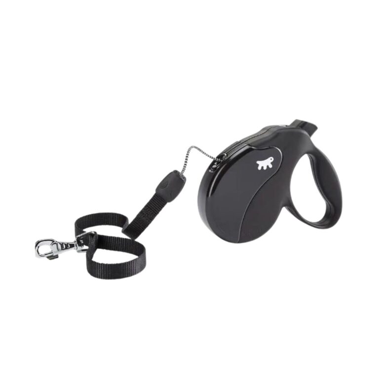 Correa retráctil Ferplast Amigo M Negra con cordón de 5 metros, ideal para perros medianos. Diseño ergonómico, botón multifunción y estilo elegante para paseos seguros.
