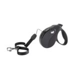 Correa retráctil Ferplast Amigo M Negra con cordón de 5 metros, ideal para perros medianos. Diseño ergonómico, botón multifunción y estilo elegante para paseos seguros.