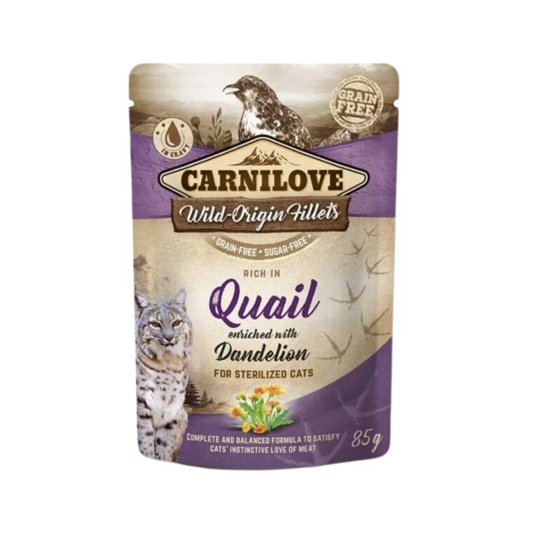 Pack de 24 sobres de 85g de Carnilove Cat Sterilised con codorniz. Sin cereales, ideal para gatos esterilizados. Alta digestibilidad, control de peso y excelente sabor.