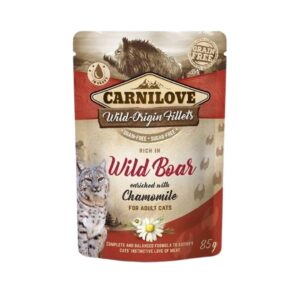 Pack de 24 sobres de Carnilove Cat Jabalí 85g. Alimento húmedo natural, sin cereales ni aditivos artificiales. Alta calidad y excelente digestibilidad para gatos exigentes.