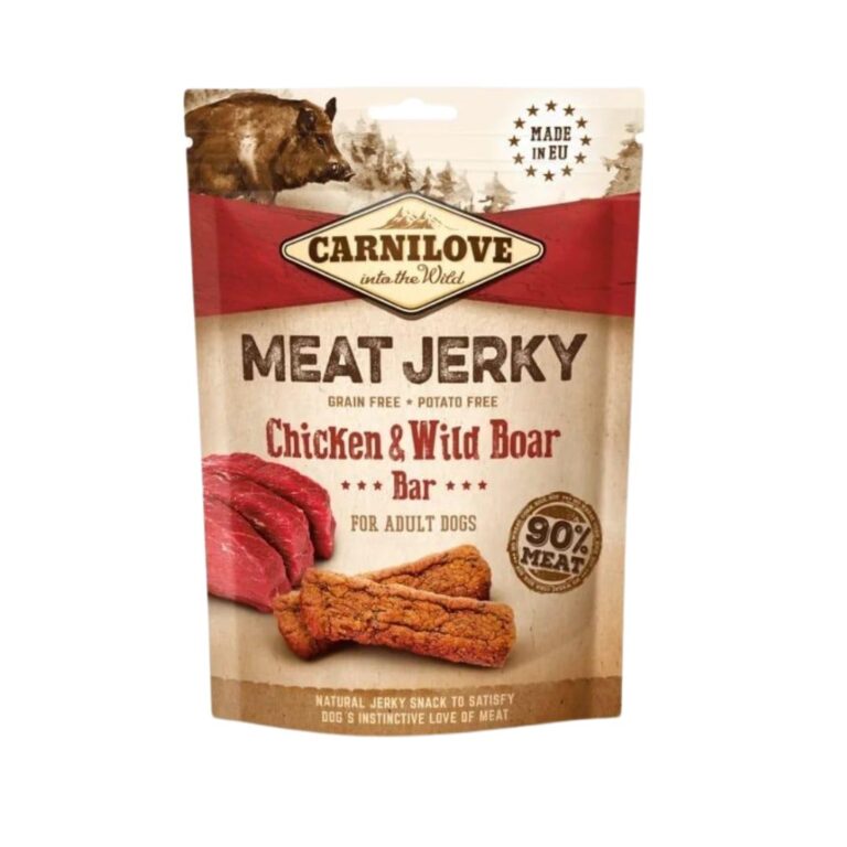 Carnilove True Fresh Barritas de Pollo y Jabalí 12x100g. Snack complementario para perros adultos. 90% carne, sin cereales, con antioxidantes naturales. Alta palatabilidad y valor nutricional.