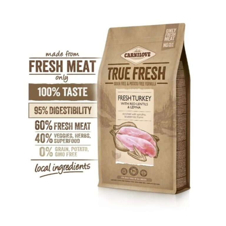 Descubre Carnilove True Fresh Pavo: alimento seco sin cereales para perros adultos. Con carne fresca, ingredientes naturales y alta palatabilidad.
