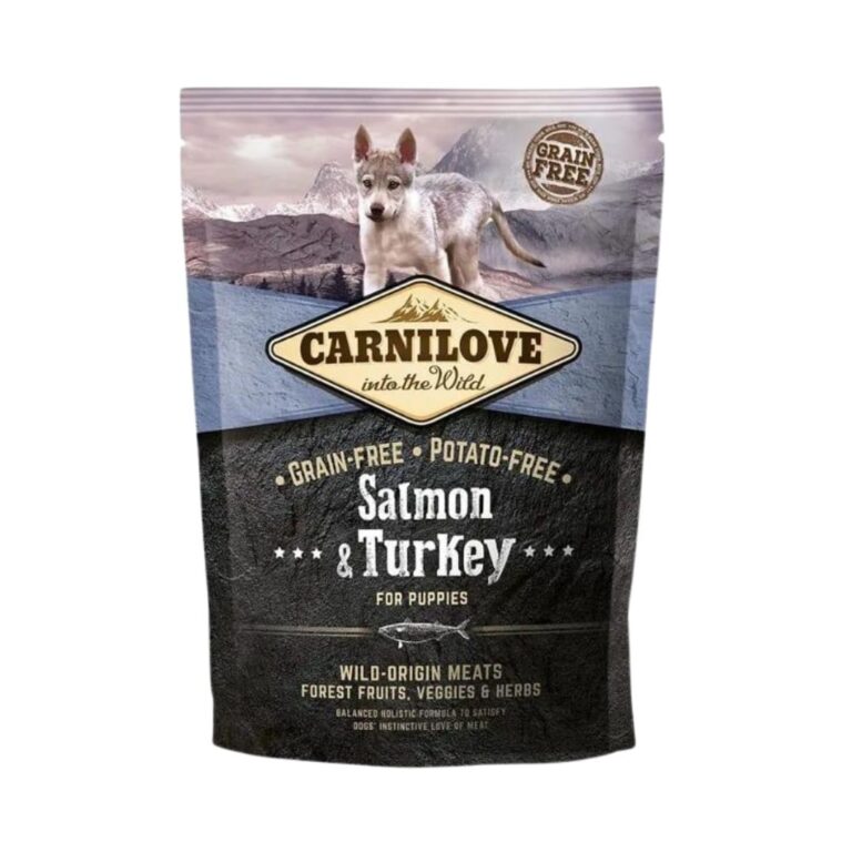 Compra Carnilove Canine Puppy Salmon Pavo 1,5Kg, pienso natural sin cereales ni patata para cachorros. Nutrición premium para un crecimiento saludable.