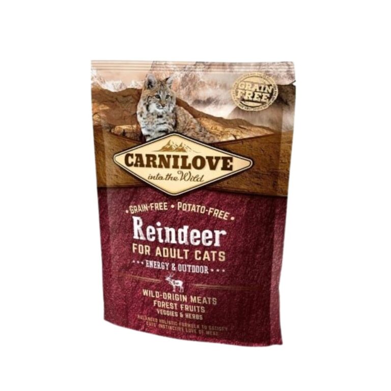 Carnilove Gato Adulto Reno 400g). Pienso natural sin cereales ni patatas con carne fresca de reno. Proteínas, omega-3 y antioxidantes para gatos adultos.