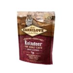 Carnilove Gato Adulto Reno 400g). Pienso natural sin cereales ni patatas con carne fresca de reno. Proteínas, omega-3 y antioxidantes para gatos adultos.