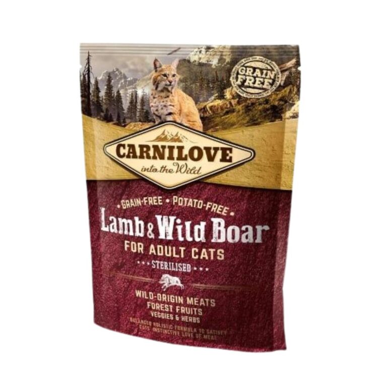 Compra Carnilove Pouch Paté Cordero & Jabalí Esterilizado 400g. Alimento completo para gatos, sin cereales, con carne exótica y superfoods. Ideal para gatos esterilizados.