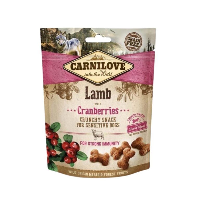 Compra Carnilove Canine Crunchy Snack Cordero & Arándanos, snack natural y crujiente para perros con proteína de cordero y antioxidantes de arándanos. Ideal para premiar a tu mascota.