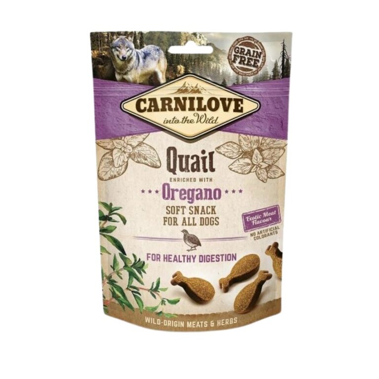Compra Carnilove Canine Snack Semi Húmedo Codorniz Orégano, snack natural y sabroso para perros con carne fresca de codorniz y orégano, ideal como premio saludable y nutritivo.