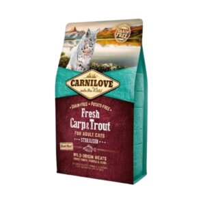 Compra Carnilove Esterilised Carpa & Trucha – pienso natural sin cereales para gatos adultos esterilizados. Controla el peso, mejora la digestión y nutre con proteínas de pescado.