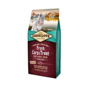Compra Carnilove Carpa & Trucha 6 kg – alimento seco con pescado fresco, sin cereales ni patata. Ideal para gatos adultos con digestión sensible. ¡Nutrición natural y completa!