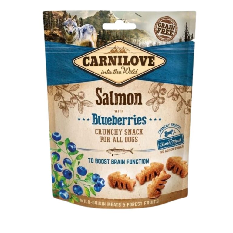 Carnilove Canine Crunchy Snack con salmón y arándanos. Sin cereales ni conservantes. Caja con 6 bolsas de 200g. Recompensa saludable y deliciosa para tu perro.