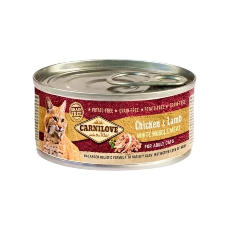 Comida húmeda natural para gatos adultos con pollo y cordero. Caja 12x100g. Sin cereales ni aditivos. Alta digestibilidad y sabor irresistible.